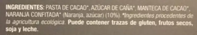 Chocolate negro a la naranja confitada ingredients label