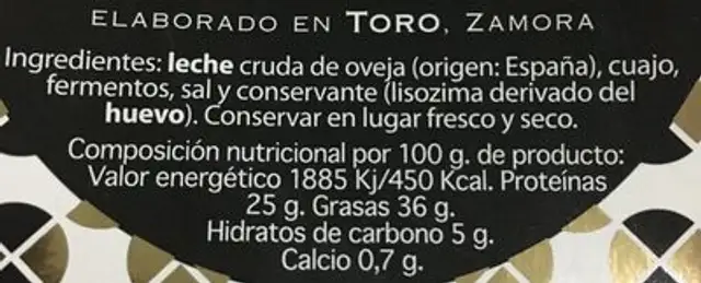 Queso oveja reserva nutrition facts table