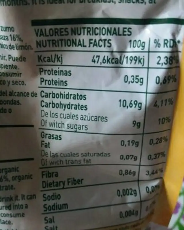 Natural platano y calabaza ecológica nutrition facts table