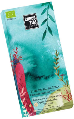 Chocolate negro con flor de sal de Ibiza front packaging