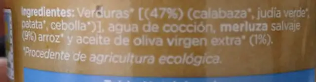 Tarrito de verduras con merluza sin gluten y ingredients label