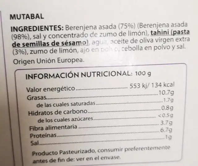 Mutabal Natural 100% nutrition facts table