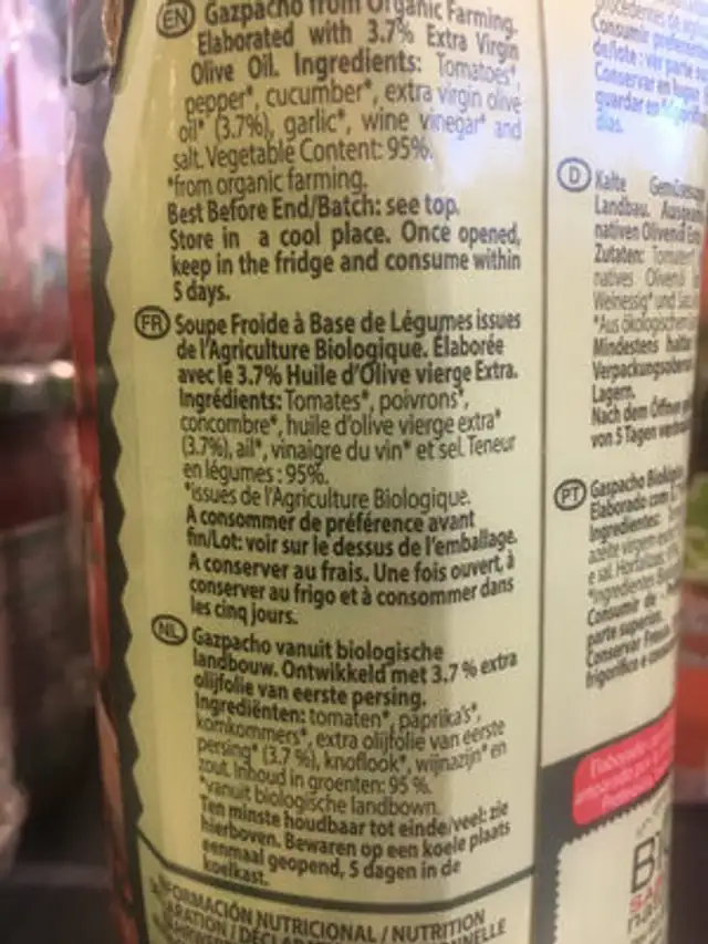 Gaspacho ingredients label