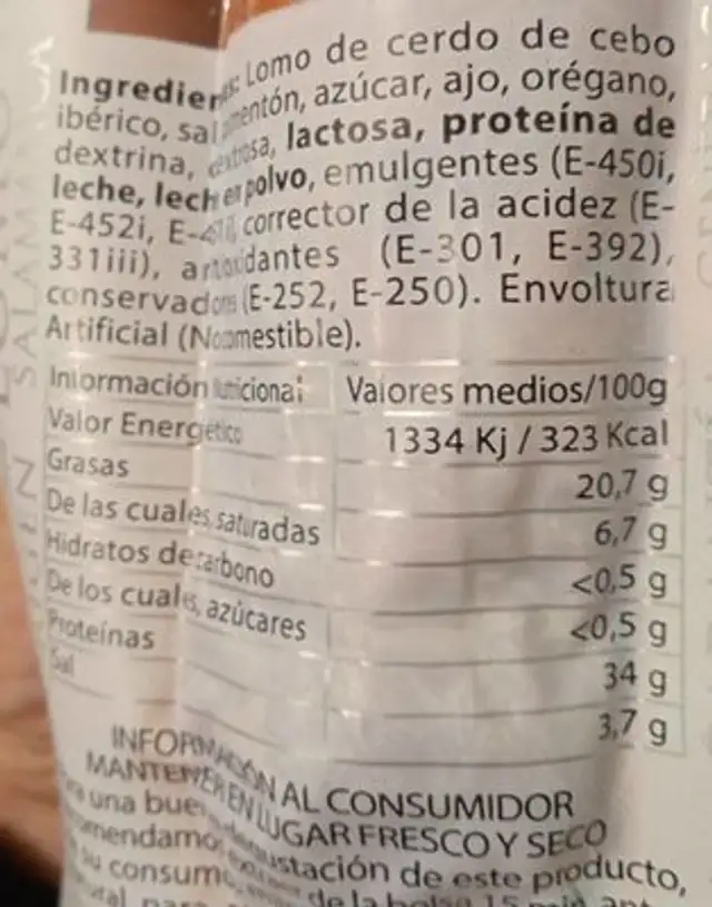 Lomo de cebo ibérico nutrition facts table