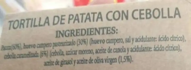 Tortilla de patata con cebolla ingredients label
