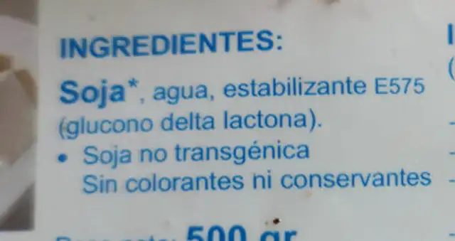 Tofu blando natural ingredients label