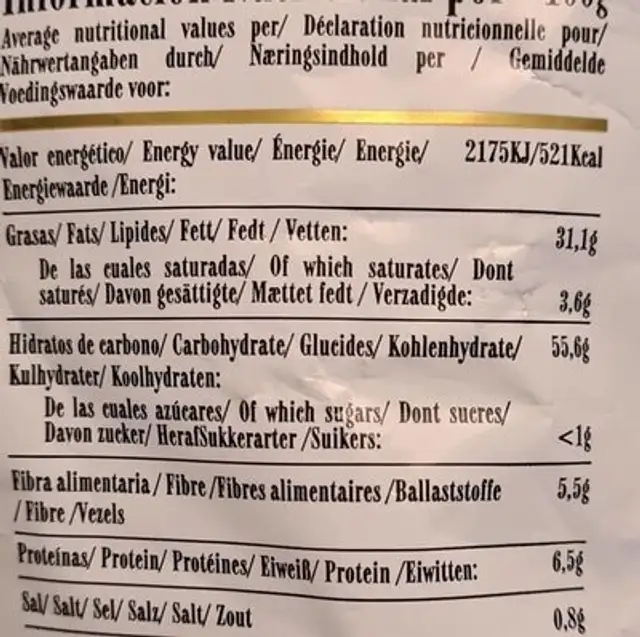 Quillo Trufa Blanca nutrition facts table