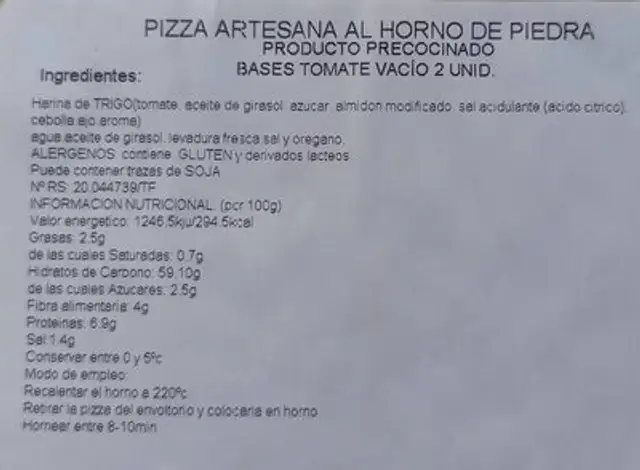 Pizzas nutrition facts table