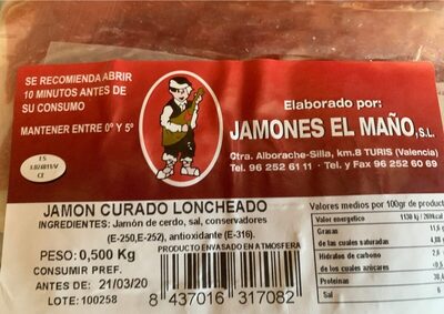 Jamón curado loncheado