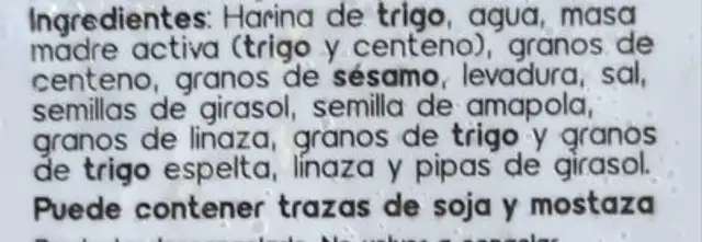 Panecillos cereales ingredients label