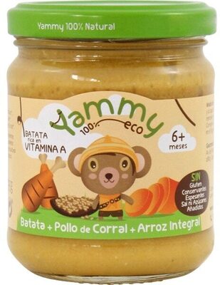 Batata, pollo de corral y arroz integral front packaging