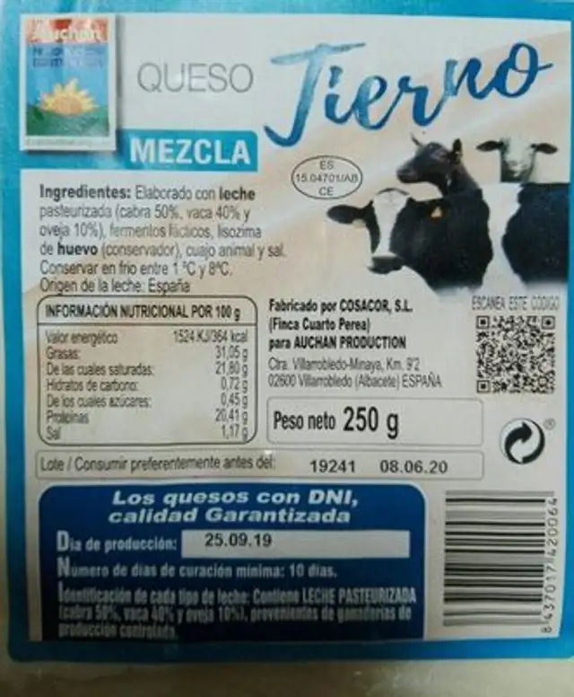 Queso tierno mezcla nutrition facts table