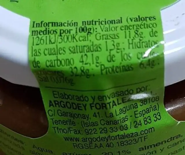 Bienmesabe nutrition facts table