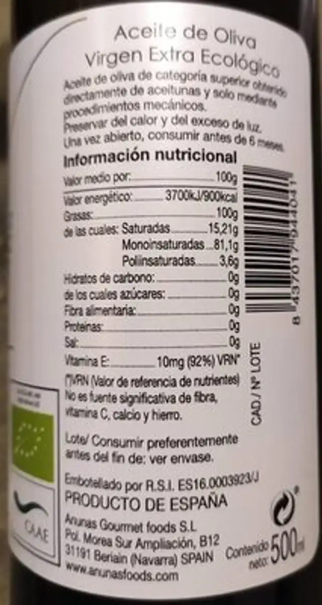 Aceite de oliva Virgen extra gourmet nutrition facts table