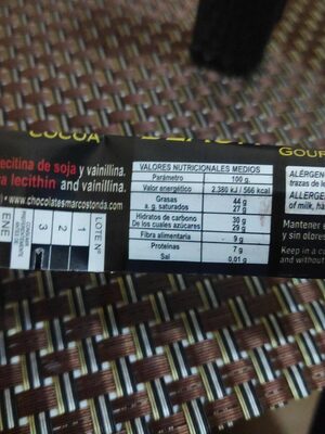 Chocolates 70%Negro nutrition facts table