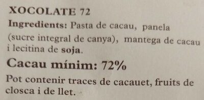 Xocolate 72%cacao 28%panela ingredients label