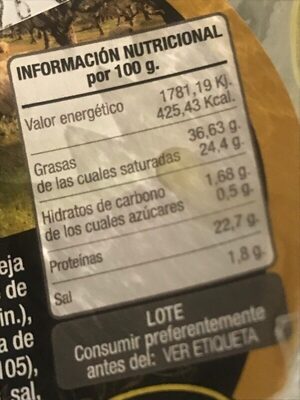Queso artesano curado nutrition facts table