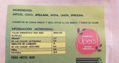 Bolitas energéticas superfood nutrition facts table