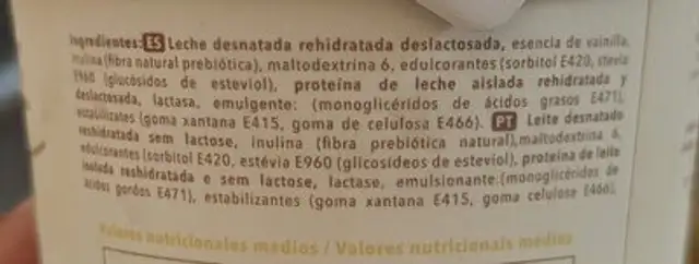 Helado de Vainilla ingredients label
