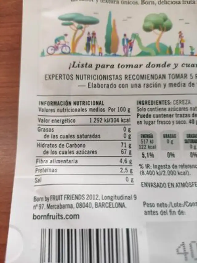 Cerezas frescas deshidratadas nutrition facts table