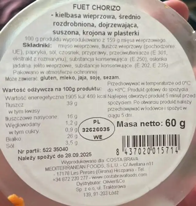 Fuet Chorizo nutrition facts table