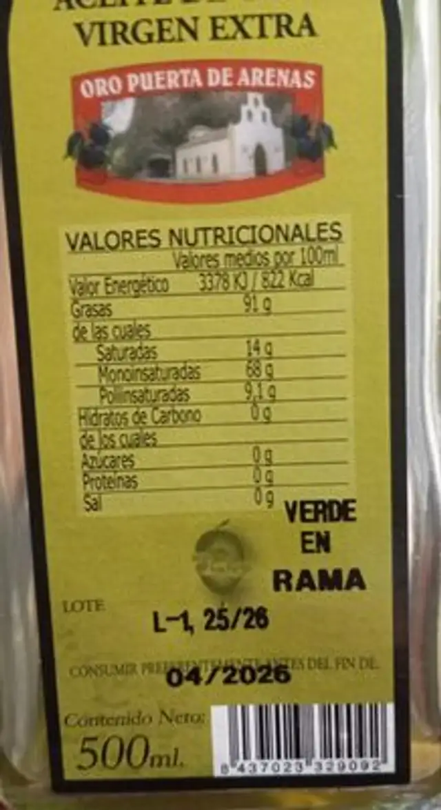 Aceite ingredients label