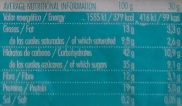 Snack de fruta con coco y chocolate nutrition facts table