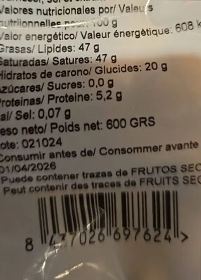 Unknown nutrition facts table