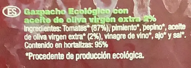 Gaspacho bio ingredients label