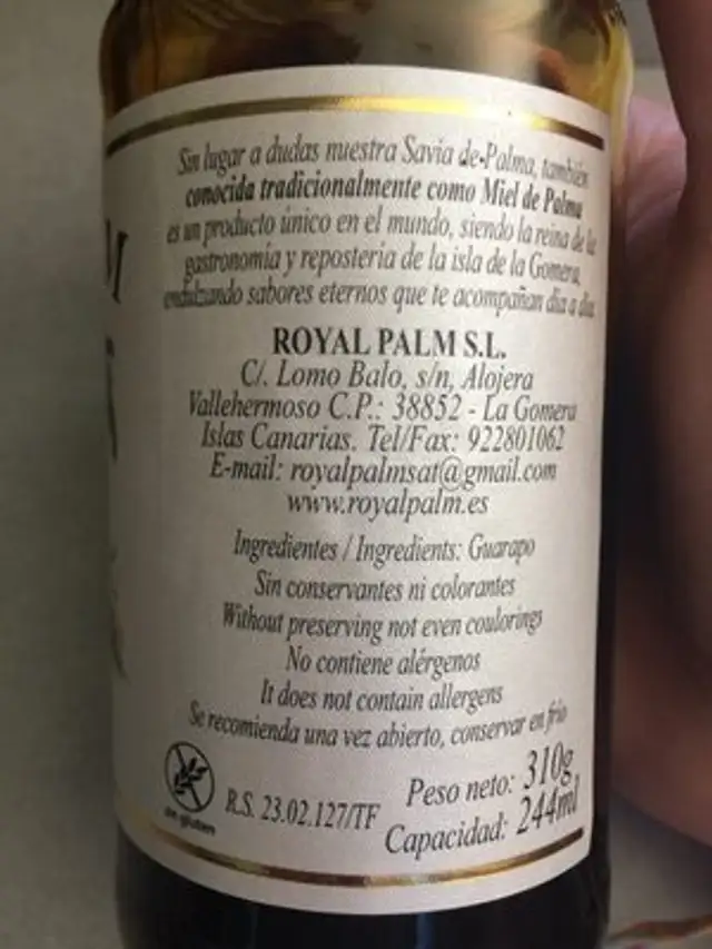 Savia de palma de la Gomera ingredients label