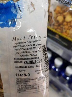 Maní frito ingredients label