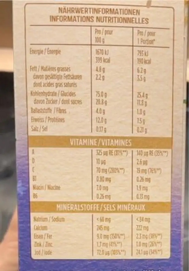 Lactoplus Pyjama nutrition facts table