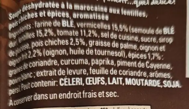 Soupe harira marocaine ingredients label