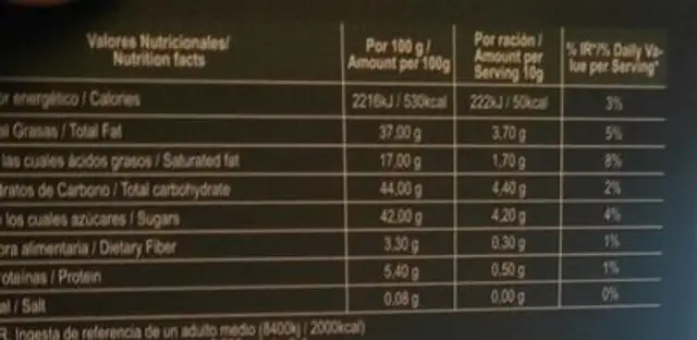 Bombones nutrition facts table