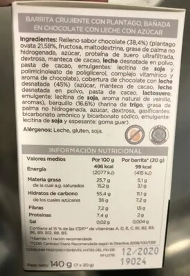 Barrita saciante bañada en chocolate con leche nutrition facts table