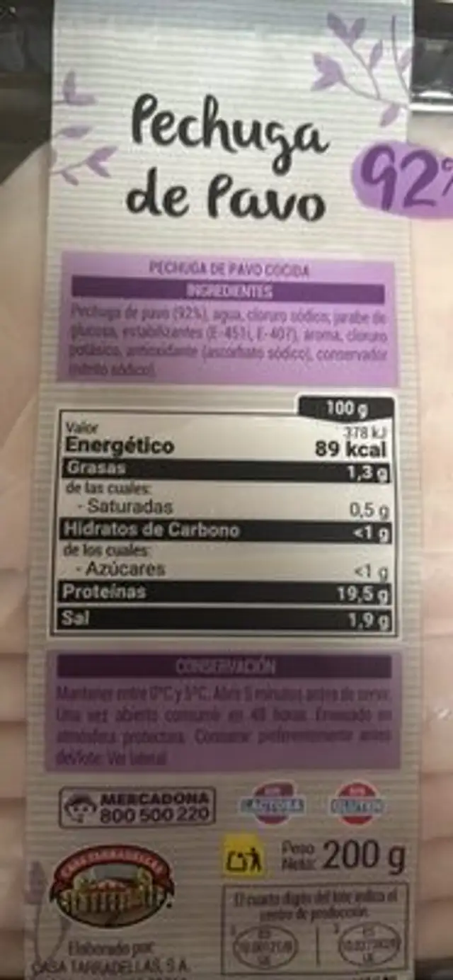 Pechuga de pavo nutrition facts table