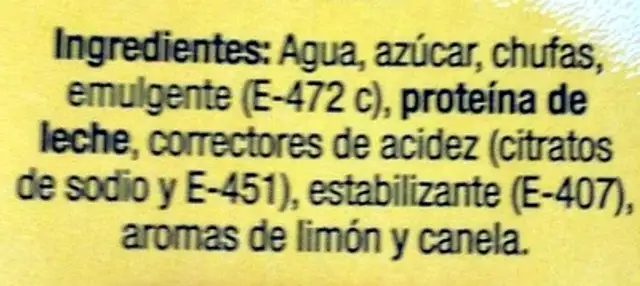 Horchata  de chufa ingredients label