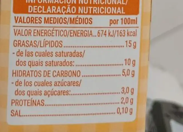 Nata ligera nutrition facts table