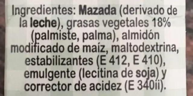 Preparado Culinario Uht A Base De Grasa Vegetal (18% Materia Grasa) ingredients label