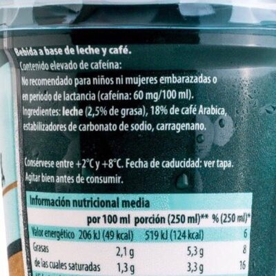 Cafe latte 0% azúcar ingredients label
