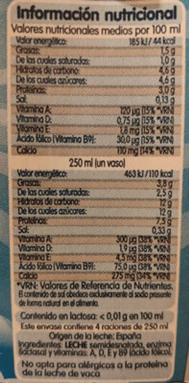 Leche semidesnatada sin lactosa nutrition facts table