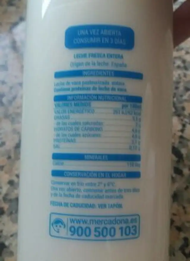 Leche fresca entera nutrition facts table