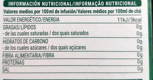 Té verde sabor a mango nutrition facts table