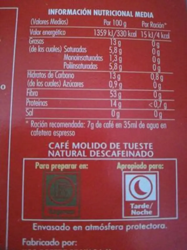 CAFE EXPRESSO DESCAIFEINADO MONODOSIS ingredients label