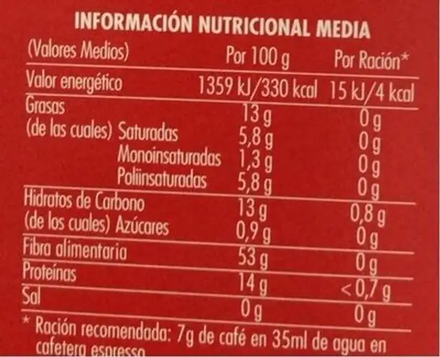 CAFE EXPRESSO DESCAIFEINADO MONODOSIS nutrition facts table