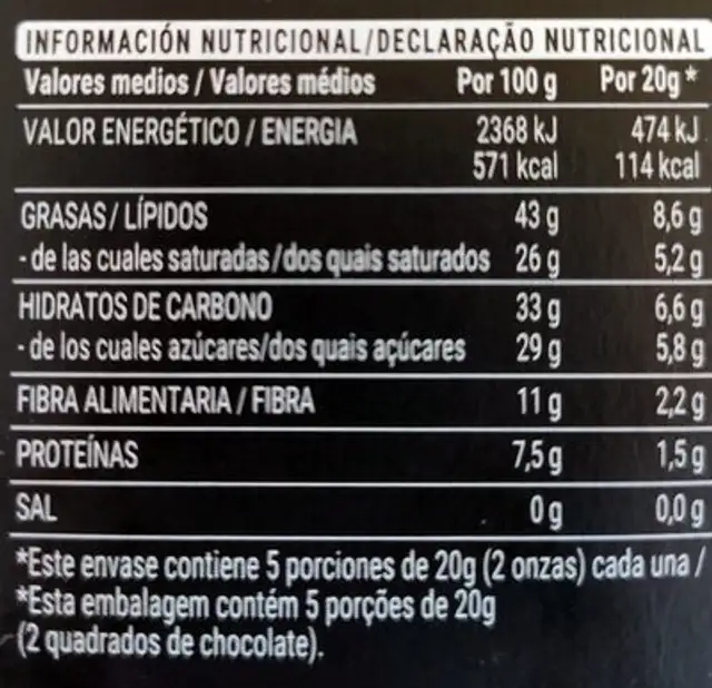 Chocolate negro 72% con pepitas de cacao tostadas nutrition facts table