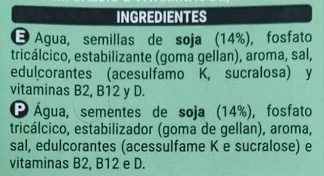 Bebida de Soja ingredients label