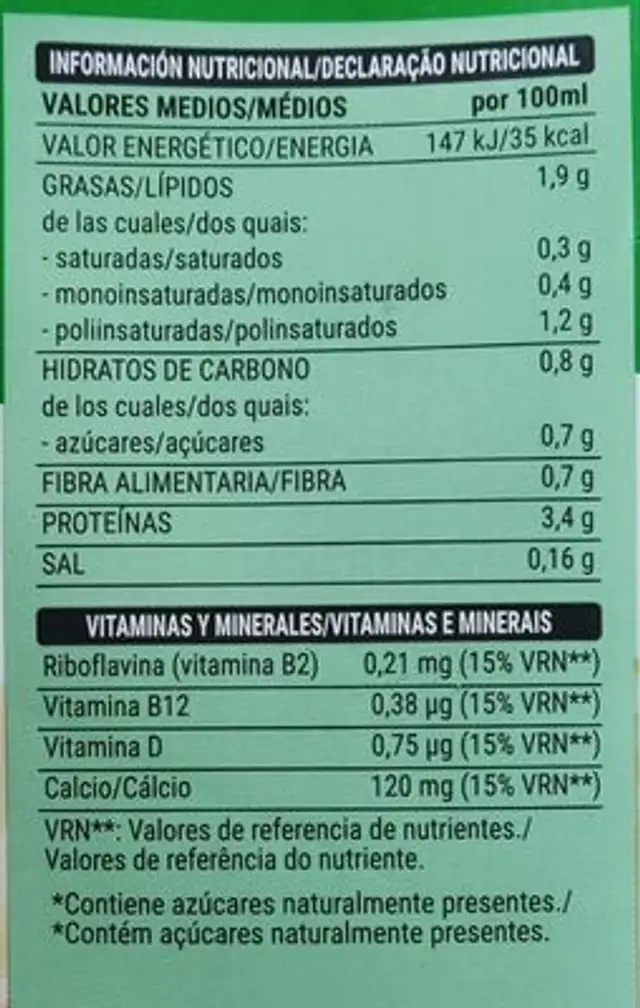 Bebida de Soja nutrition facts table