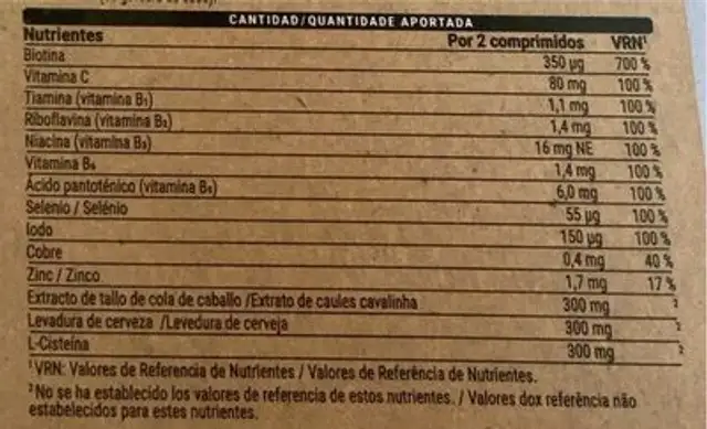 Cabello y Uñas nutrition facts table