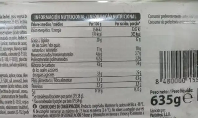 Tarta Mensaje nutrition facts table